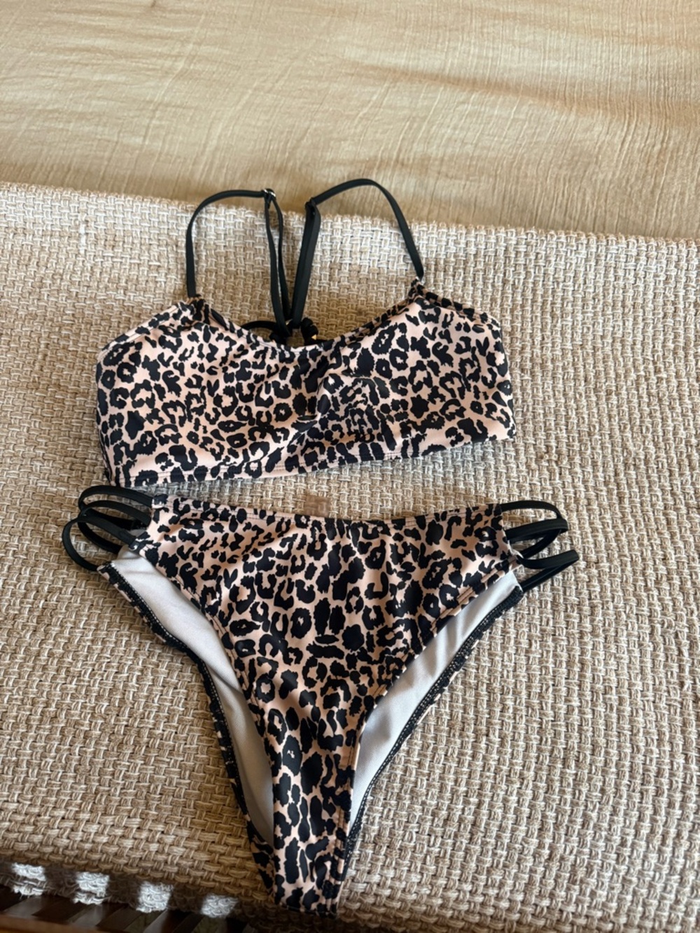 Leopard Print Two-Piece Bikini Set in Beige and Black